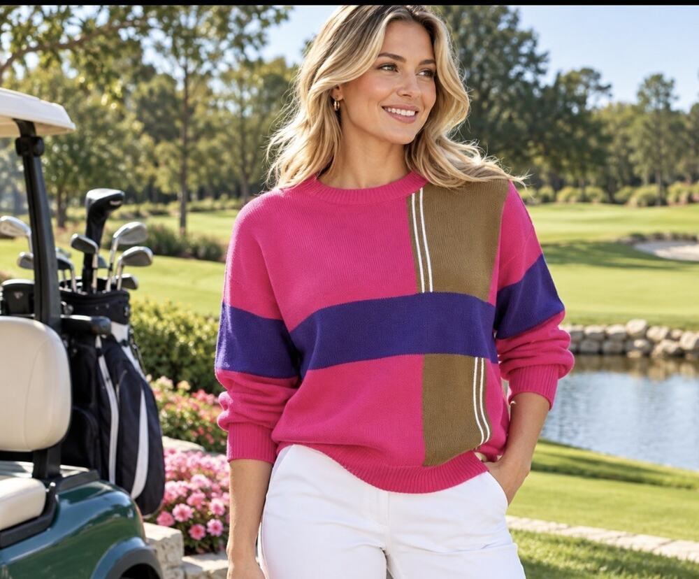 IZOD CLUB Vintage women Golf USA sweater Sz M Pink Purple Color Block 1980s NWT